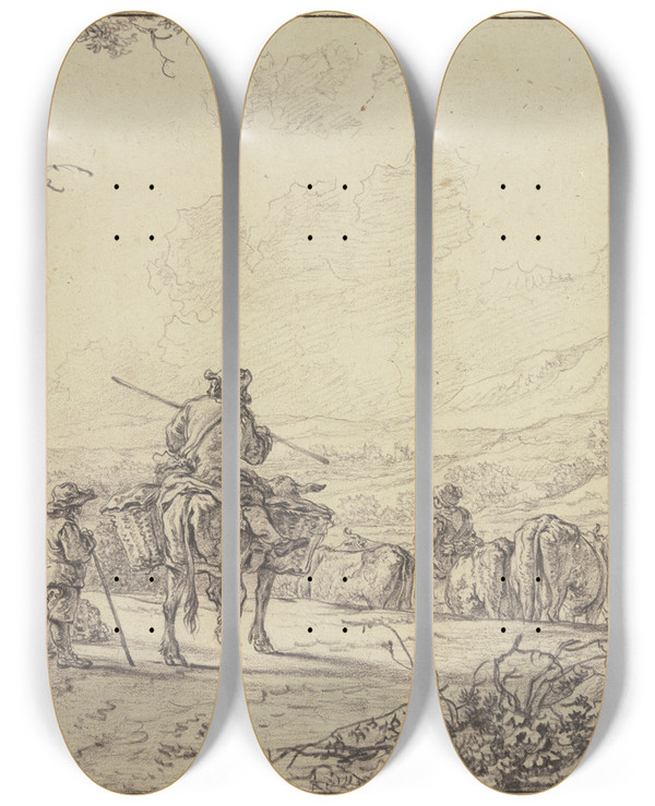 Triptych art skateboard deck of Abraham Van Strij Hirten Mit Rinder Und Schafherde In Hgeliger Landschaft by Abraham Van Strij (1753-1753)