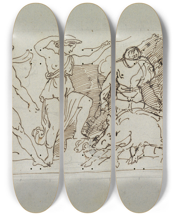 Triptych art skateboard deck of Moritz Von Schwind Meleager Und Atalante by Moritz Von Schwind (1804-1871)