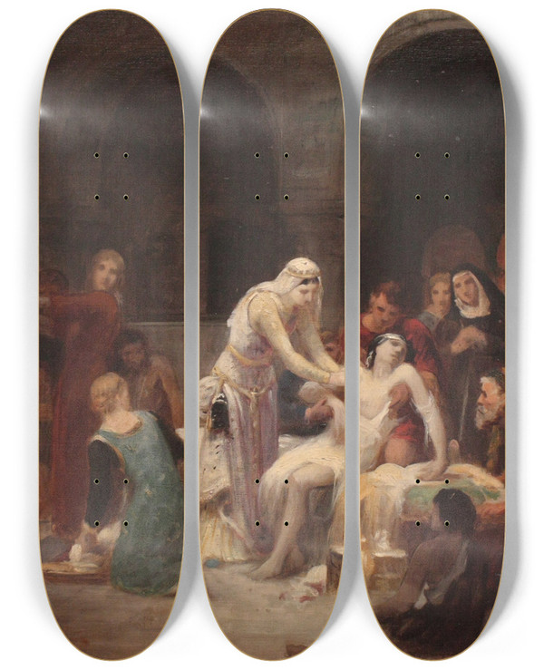 Triptych art skateboard deck of Pierreauguste Cot Sainte Elisabeth De Hongrie Soignant Les Malades by Pierre-Auguste Cot (1837-1883)