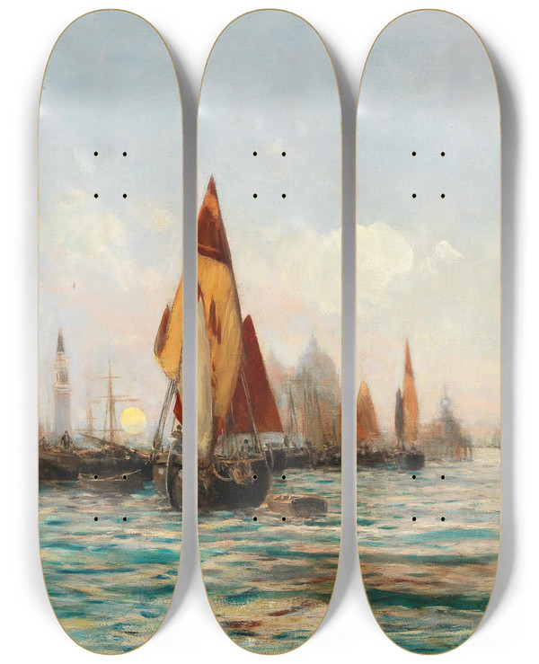 Triptych art skateboard deck of Theodor Freiherr Von Ehrmanns Fishing Boats Near Venice by Theodor Freiherr Von Ehrmanns (1846-1923)