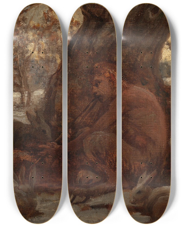 Triptych art skateboard deck of Elihu Vedder Young Marsyas Charming The Hares by Elihu Vedder (1836-1923)