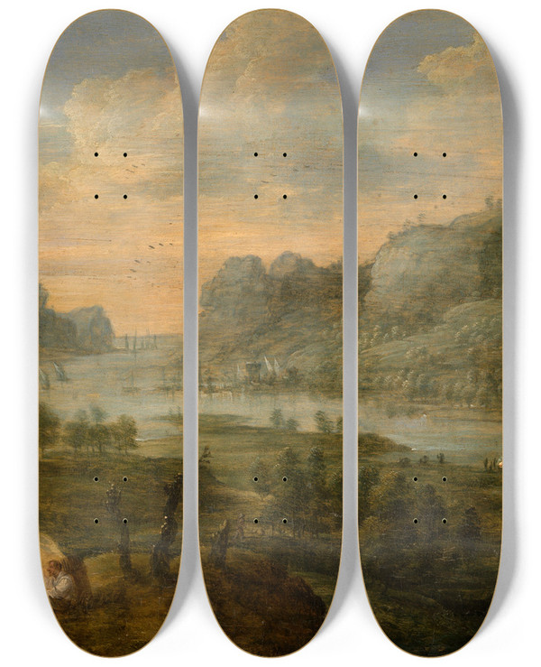Triptych art skateboard deck of Lucas Van Uden Landscape With A Sunset by Lucas Van Uden (1595-1672)