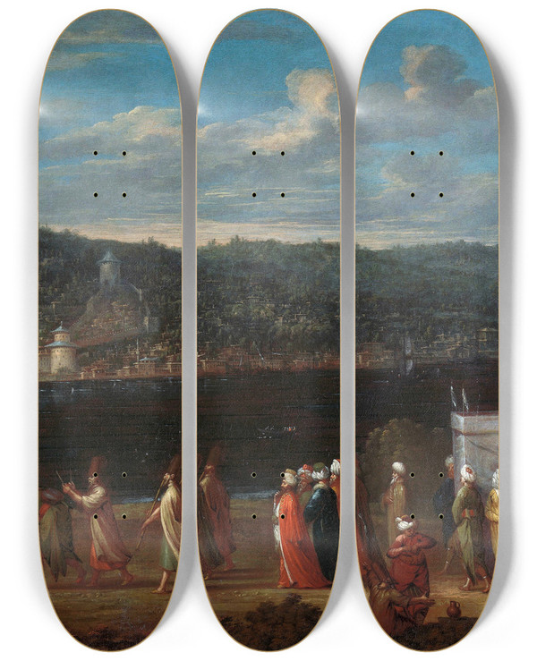Triptych art skateboard deck of Jean Baptiste Vanmour Wedding Procession On The Bosphorus by Jean Baptiste Vanmour (1671-1737)