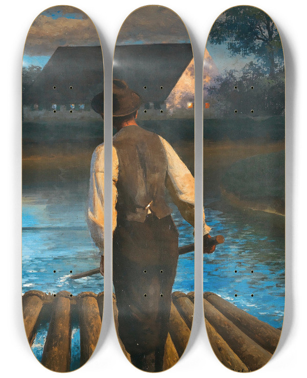Triptych art skateboard deck of Paul Wilhelm Kellerreutlingen A Raft Ride On The Amper by Paul Wilhelm Keller-Reutlingen (1854-1920)