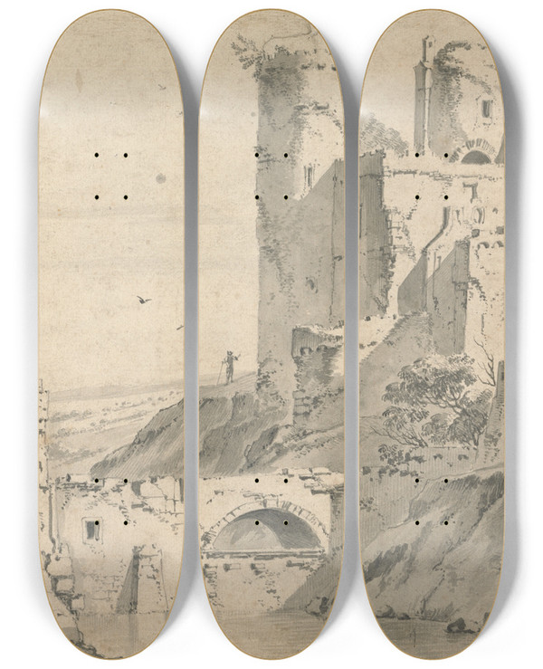 Triptych art skateboard deck of Jan Wyck Ruined Castle On A River by Jan Wyck (1645-1702)