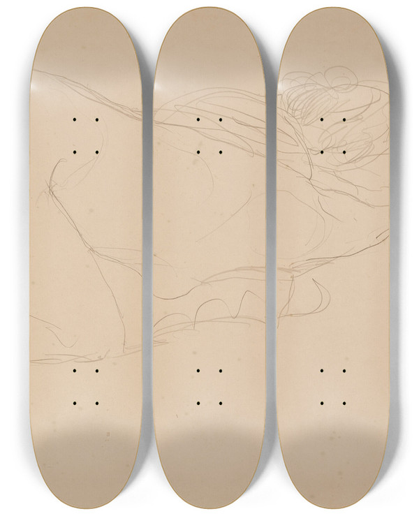 Triptych art skateboard deck of Gustav Klimt Zusammengekauerter Halbakt Nach Rechts by Gustav Klimt (1862-1918)