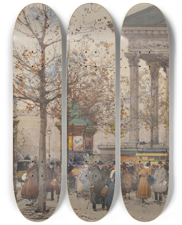 Triptych art skateboard deck of Eugne Galienlaloue Vue Anime De La Madeleine by Eugene Galien Laloue (1854-1941)
