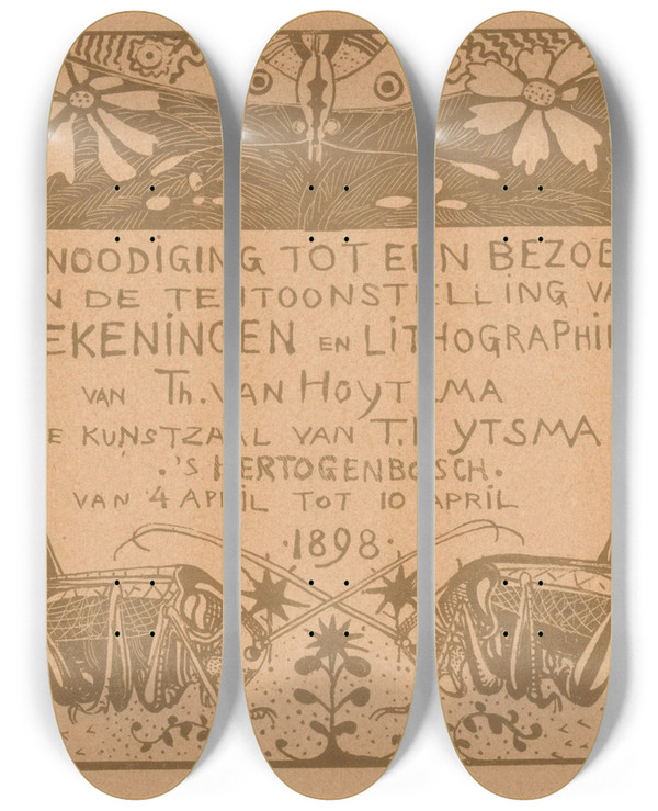 Triptych art skateboard deck of Theo Van Hoytema Uitnodiging Met Twee Sprinkhanen by Theo Van Hoytema (1863-1917)