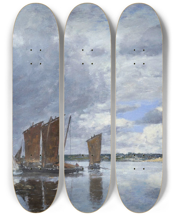 Triptych art skateboard deck of Eugne Boudin Fishing Boats At Kerhor by Eugene Boudin (1824-1898)