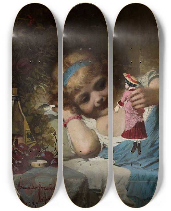 Triptych art skateboard deck of Wandalin Strzaecki Girl With A Doll Convalescent by Wandalin Strzalecki (1855-1917)