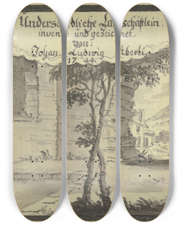 Triptych art skateboard deck of Johann Ludwig Aberli Titelblatt by Johann Ludwig Aberli (1723-1786)