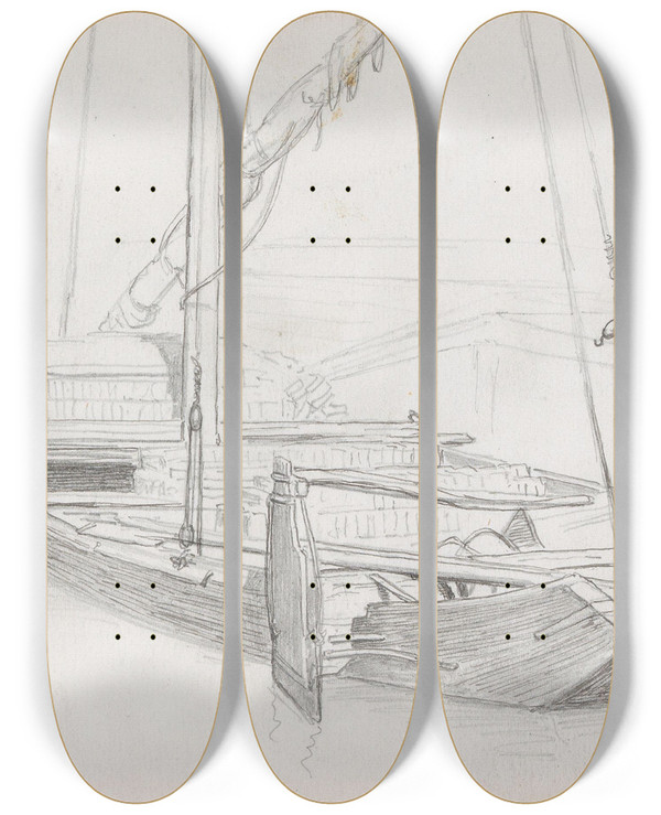 Triptych art skateboard deck of Hans Gude Fishing Boat Berlingen by Hans Gude (1825-1903)