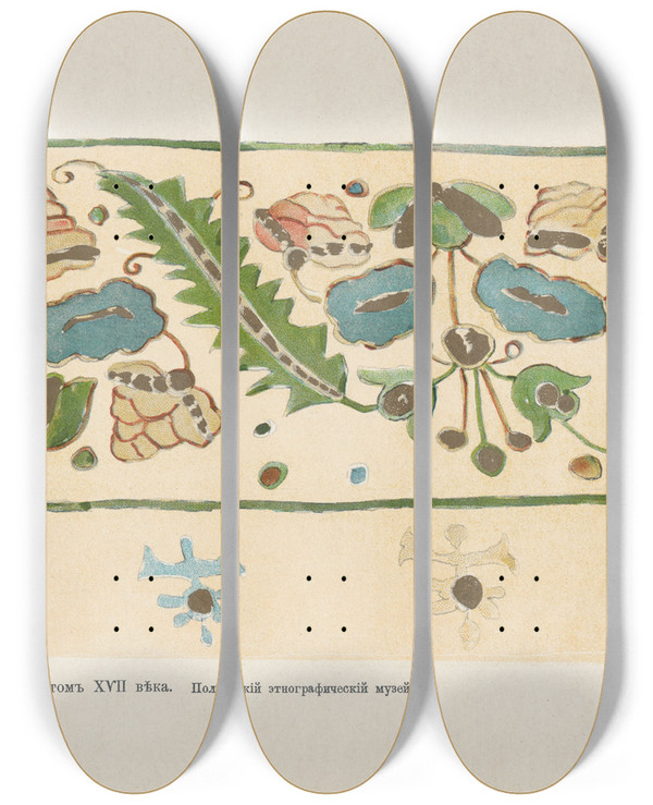 Triptych art skateboard deck of Nikolay Samokish Motivy Ukrainskago Ornamenta Pl 33 by Nikolay Samokish (1860-1944)