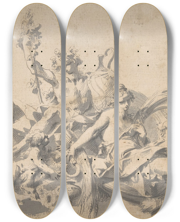 Triptych art skateboard deck of Sebastiano Galeotti Bacchus And Ceres Attended By Putti And A Marine Deity by Sebastiano Galeotti (1656-1746)