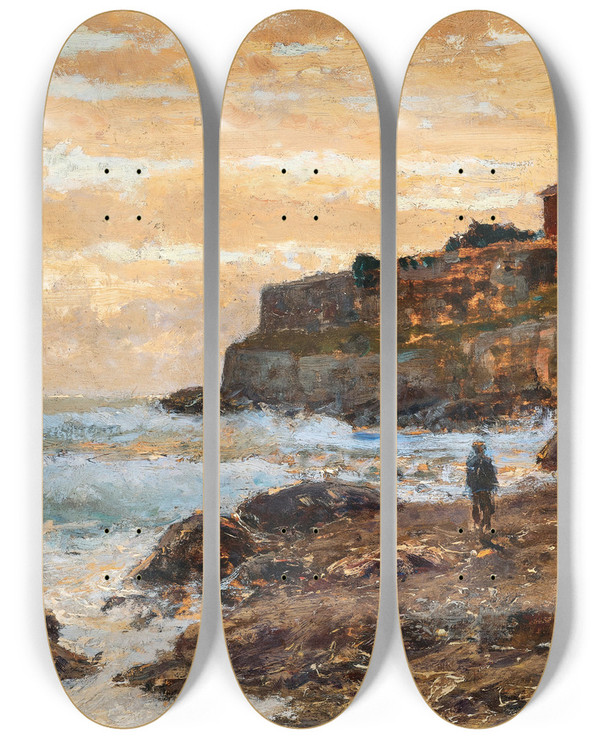 Triptych art skateboard deck of Alfred Zoff A Fishing Boat On The Beach At Sunset by Alfred Zoff (1852-1927)