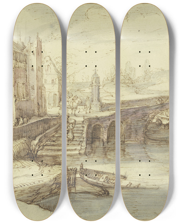 Triptych art skateboard deck of Cornelis Claesz Van Wieringen Stadtansicht Mit Einer Brcke Unter Welcher Ein Schiff Durchfhrt Dabei Eine Treppe Die Eine Frau Mit Einem Korbe Hinaufsteigt by Cornelis Claesz. van Wieringen (1577-1633)