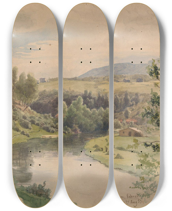 Triptych art skateboard deck of Hans Gude From Eidsvoll by Hans Gude (1825-1903)