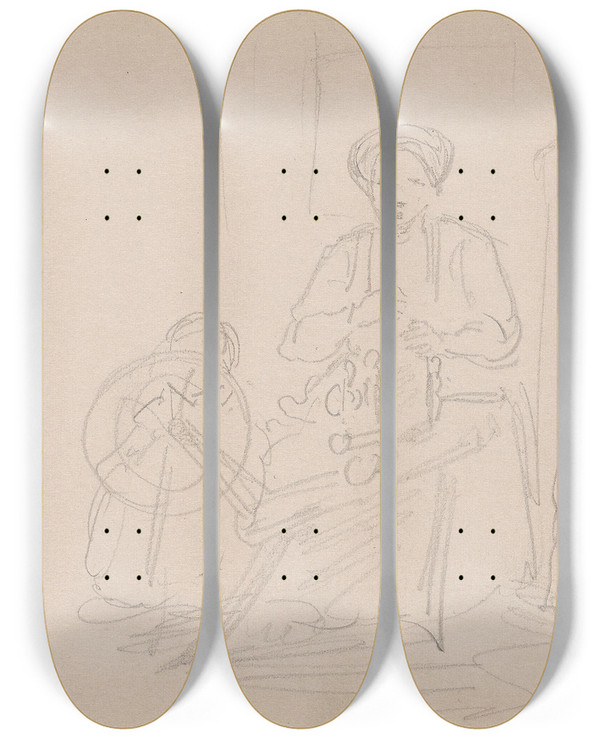 Triptych art skateboard deck of Adolph Tidemand Spinner by Adolph Tidemand (1814-1876)
