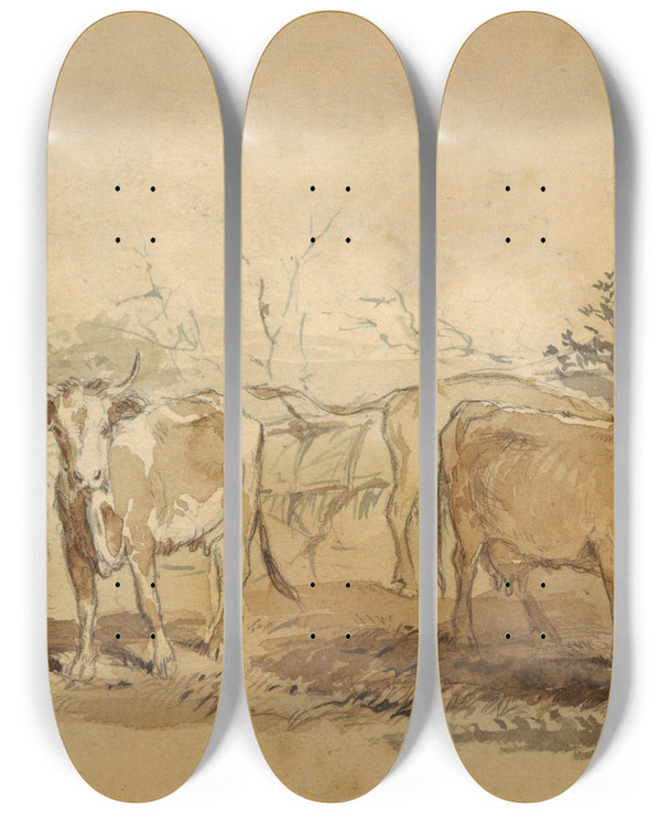 Triptych art skateboard deck of Winslow Homer Cows In A Pasture by Winslow Homer (1836-1910)