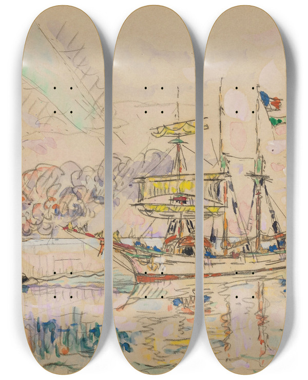 Triptych art skateboard deck of Paul Signac Saintmalo Les Terreneuvas_1 by Paul Signac (1863-1935)