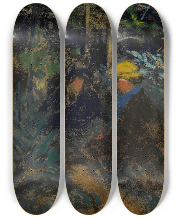 Triptych art skateboard deck of Robert Henri Conversation In The Forest by Robert Henri (1865-1929)