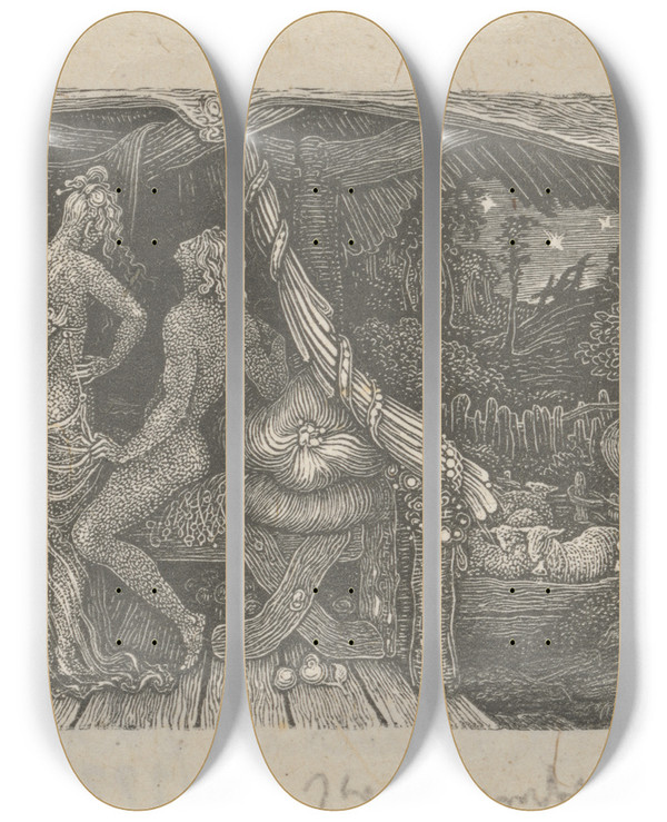 Triptych art skateboard deck of Edward Calvert The Chamber Idyll by Edward Calvert (1799-1883)