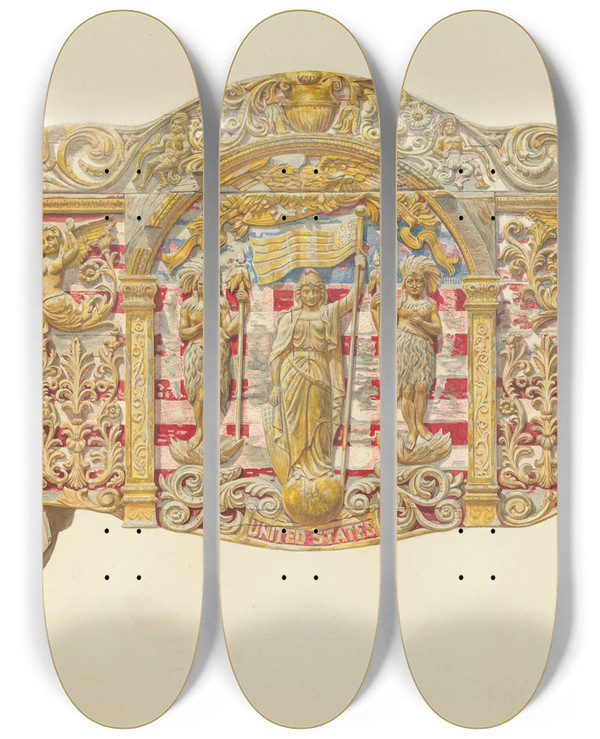 Triptych art skateboard deck of Frank M Keane Circus Wagon by Frank M Keane