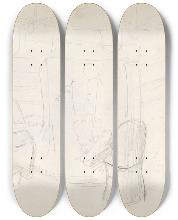 Triptych art skateboard deck of Adolph Tidemand Interir Med Kvinne Kubbestol Og Hengende Barnekurv by Adolph Tidemand (1814-1876)