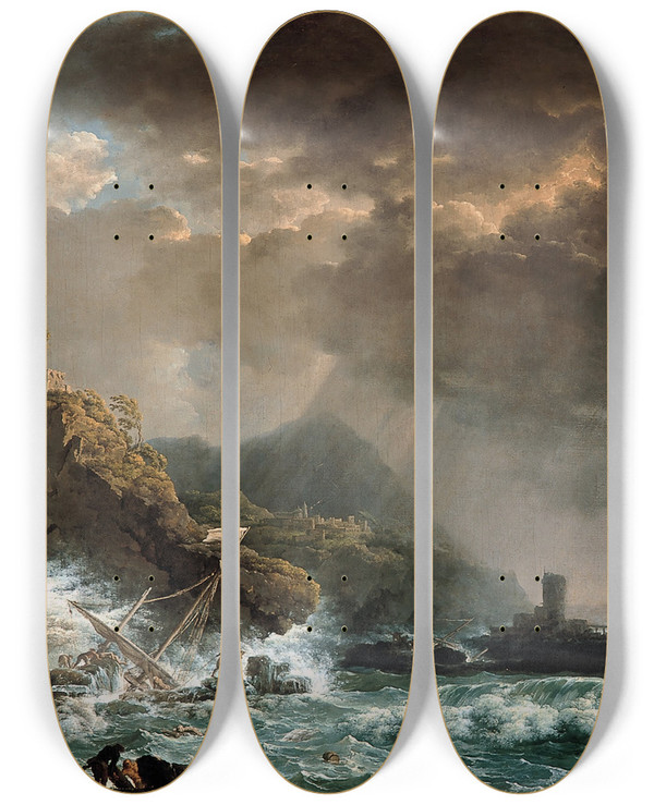 Triptych art skateboard deck of Carlo Bonavia Shipwreck In A Rocky Inlet by Carlo Bonavia (1751-1788)