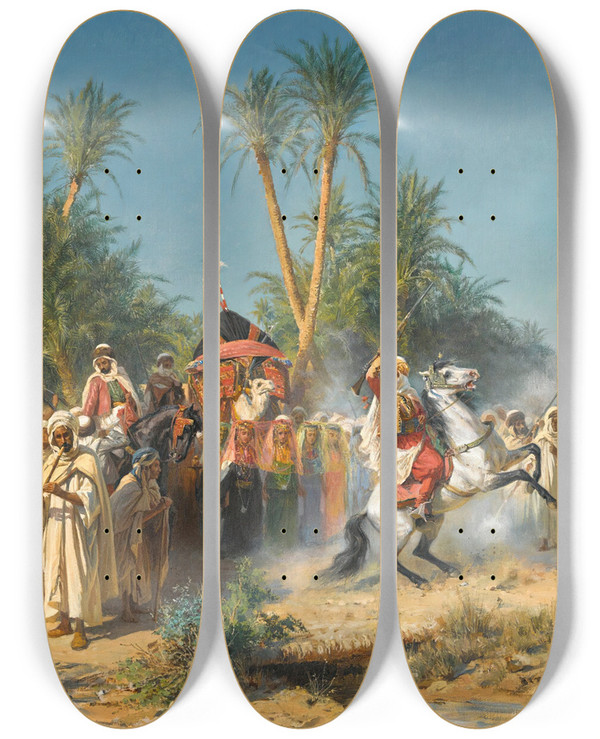 Triptych art skateboard deck of Eugne Girardet Celebration In Biskra by Eugene Girardet (1853-1907)