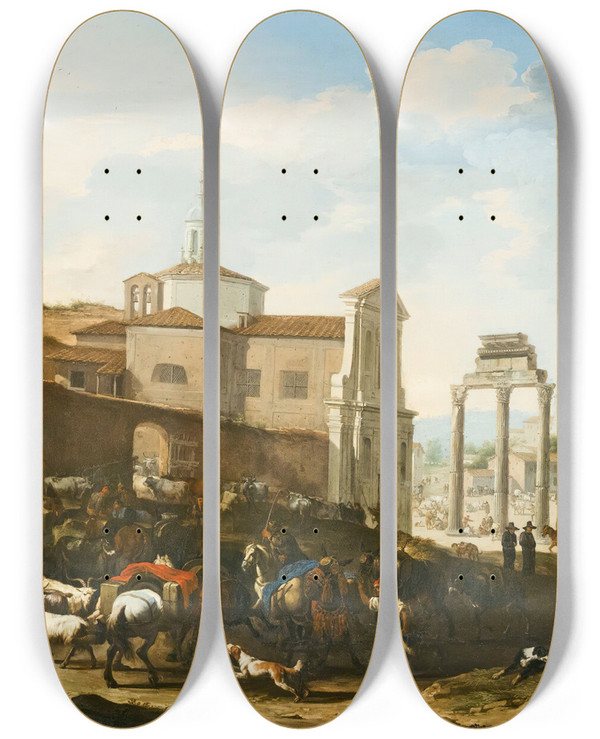 Triptych art skateboard deck of Jacob De Heusch The Campo Vaccino Rome by Jacob de Heusch (1657-1701)