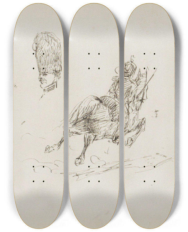 Triptych art skateboard deck of Marius Bauer Studieblad Onder Andere Met Militairen Te Paard by Marius Bauer (1867-1932)