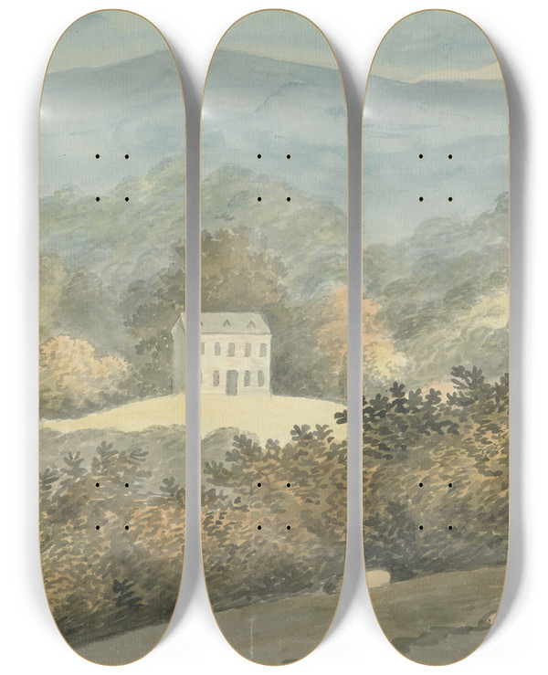 Triptych art skateboard deck of Edward Francis Burney Hilly Landscape With House by Edward Francis Burney (1760-1848)