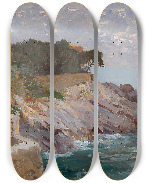 Triptych art skateboard deck of Alfred Zoff Coast Golfo Paradiso by Alfred Zoff (1852-1927)