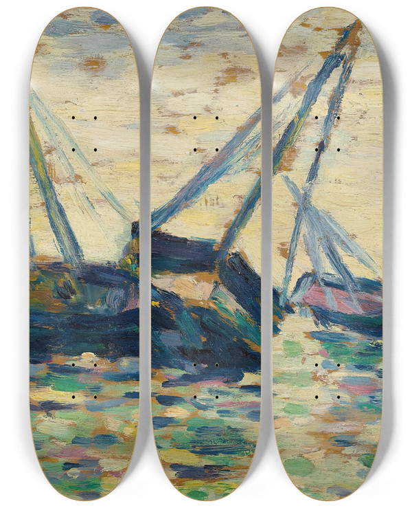 Triptych art skateboard deck of Georges Seurat Trois Bateaux Et Un Marin Tude Pour Lchouage Grandcamp by Georges Seurat (1859-1891)