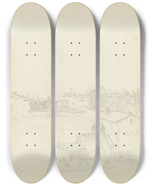 Triptych art skateboard deck of Theodor Pelissier Ansicht Von Porto Danzio Der Geburtsstadt Von Kaiser Nero by Theodor Pelissier (1794-1863)