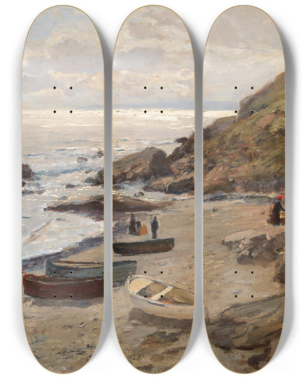Triptych art skateboard deck of Alfred Zoff Abendstimmung Mit Fischern An Der Kste by Alfred Zoff (1852-1927)