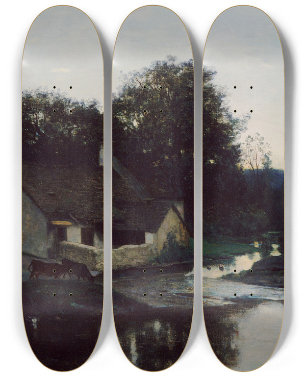 Triptych art skateboard deck of Charles Franois Daubigny The Hamlet Of Optevoz by Charles Francois Daubigny (1817-1878)