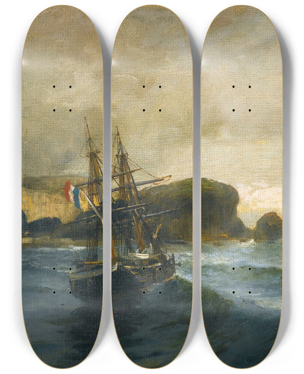 Triptych art skateboard deck of Constantinos Volanakis Along The Shore by Konstantinos Volanakis (1837-1907)