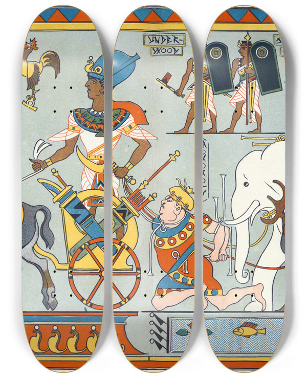 Triptych art skateboard deck of Udo Keppler The Tariff Triumph Of Pharaoh Wilson by Udo Keppler (1872-1956)