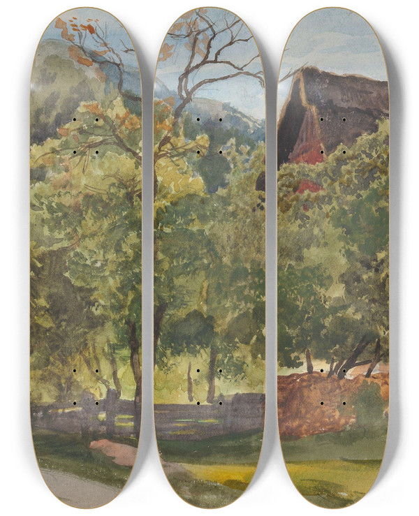 Triptych art skateboard deck of Hans Gude Fra Ottenhfen by Hans Gude (1825-1903)