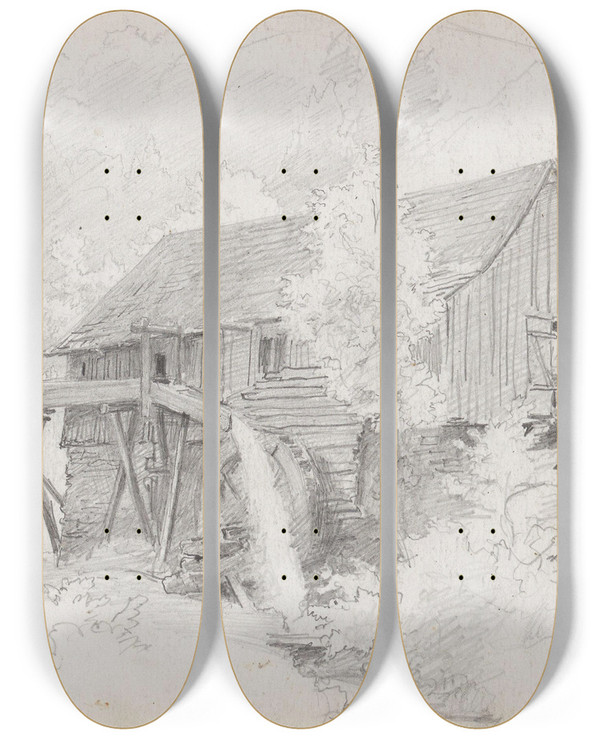 Triptych art skateboard deck of Hans Gude Mlle Lierbacher by Hans Gude (1825-1903)