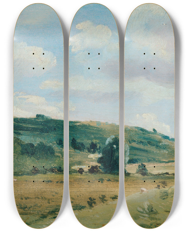 Triptych art skateboard deck of Lionel Constable Summer Landscape Near Dedham by Lionel Constable (1828-1887)