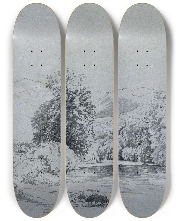 Triptych art skateboard deck of David Johnson Bouquet River by David Johnson (1827-1908)