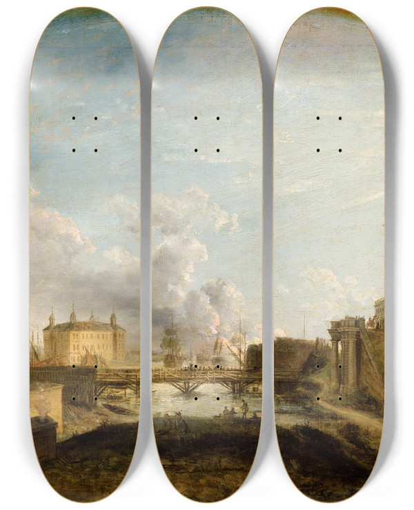 Triptych art skateboard deck of Elias Martin View Of Stockholm I by Elias Martin (1739-1818)