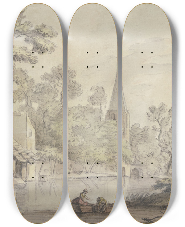 Triptych art skateboard deck of Jeanbaptiste Lallemand Kirchturm Und Einige Gebude An Einem Wasser Vorne Zwei Frauen In Einem Kahn by Jean-Baptiste Lallemand (1716-1805)