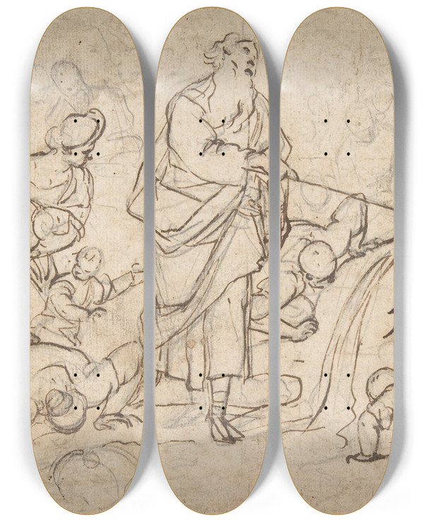 Triptych art skateboard deck of Luca Giordano Moses Striking The Rock by Luca Giordano (1634-1705)