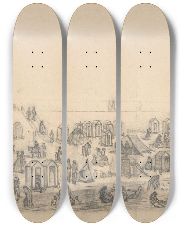 Triptych art skateboard deck of Flicien Rops The Beach At Blankenberghe by Felicien Rops (1833-1898)