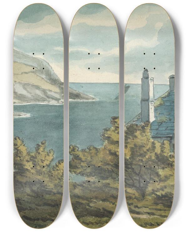 Triptych art skateboard deck of Thomas Bradshaw Rocky Coastal Scene by Thomas Bradshaw (1767)