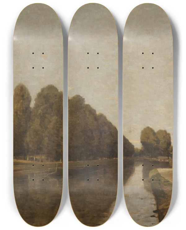 Triptych art skateboard deck of Henrijoseph Harpignies El Canal De Briare by Henri Joseph Harpignies (1819-1916)